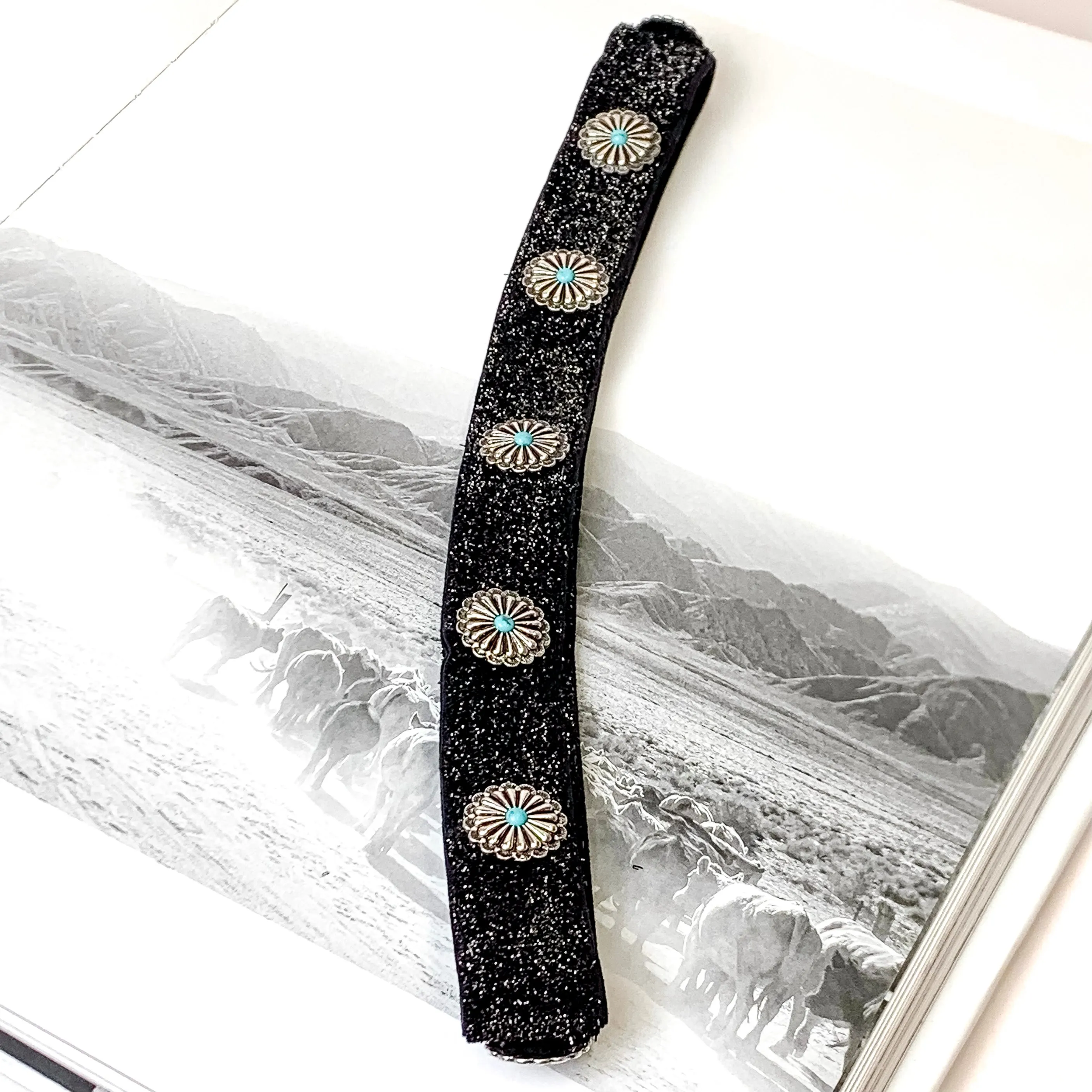 Black Felt Circle Concho Hat Band with Faux Turquoise Accents