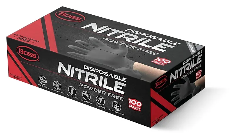 Boss B21051-M Disposable Gloves, M, Nitrile, Black, 100/CT :BX100: QUANTITY: 1