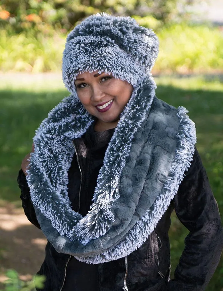 Double Cowl Shrug - Silver Tipped Fox Faux Fur in Blue Steel with Cuddly Slate (Sold Out!)