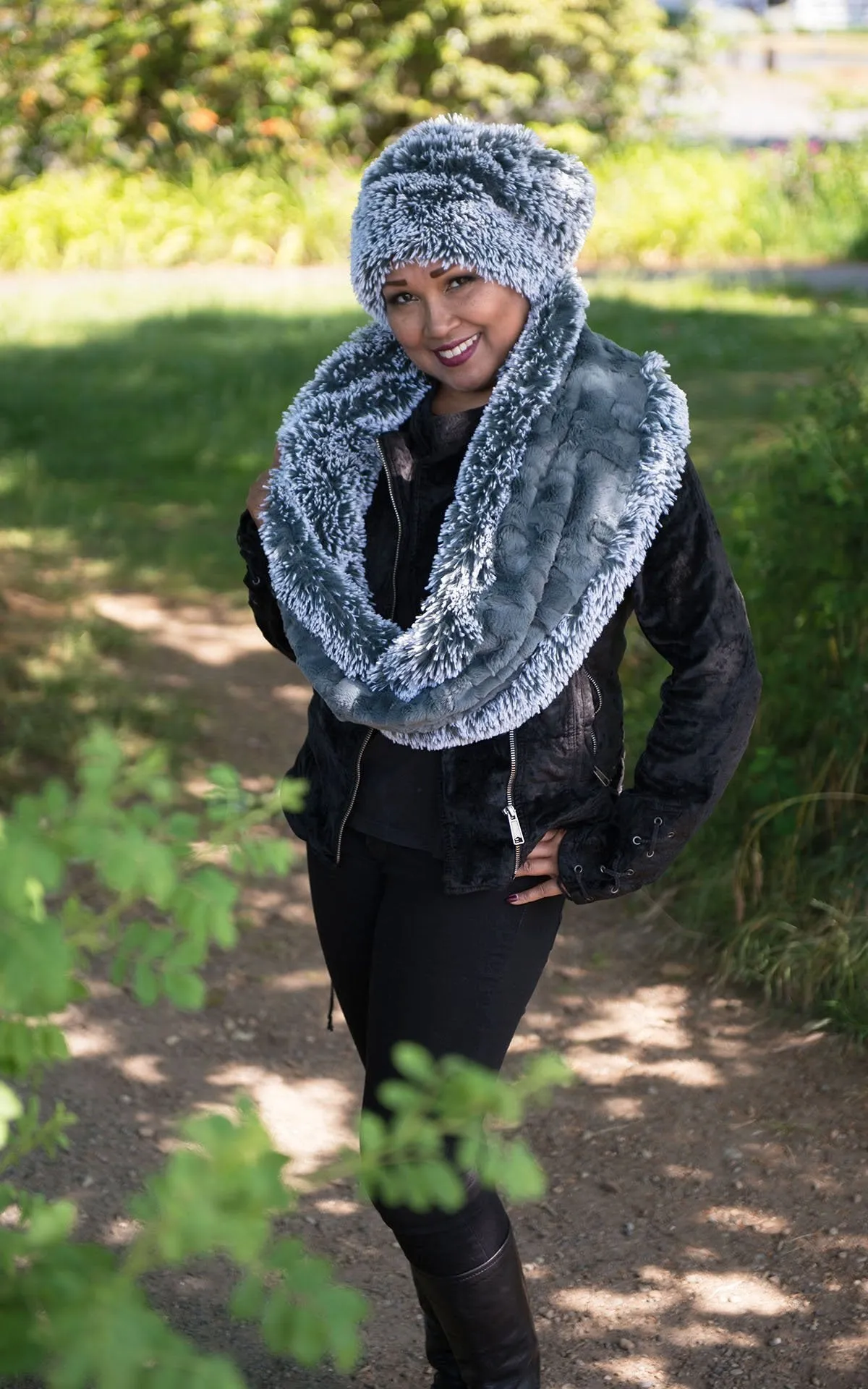 Double Cowl Shrug - Silver Tipped Fox Faux Fur in Blue Steel with Cuddly Slate (Sold Out!)