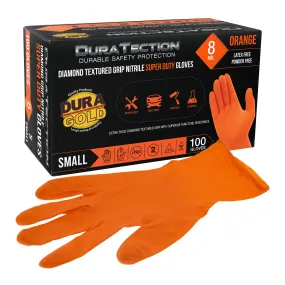 Duratection 8 Mil Orange Super Duty Diamond Textured Nitrile Disposable Gloves, Box of 100, Small - Latex Free, Powder Free, Food Safe, Safety Protection Work Gloves