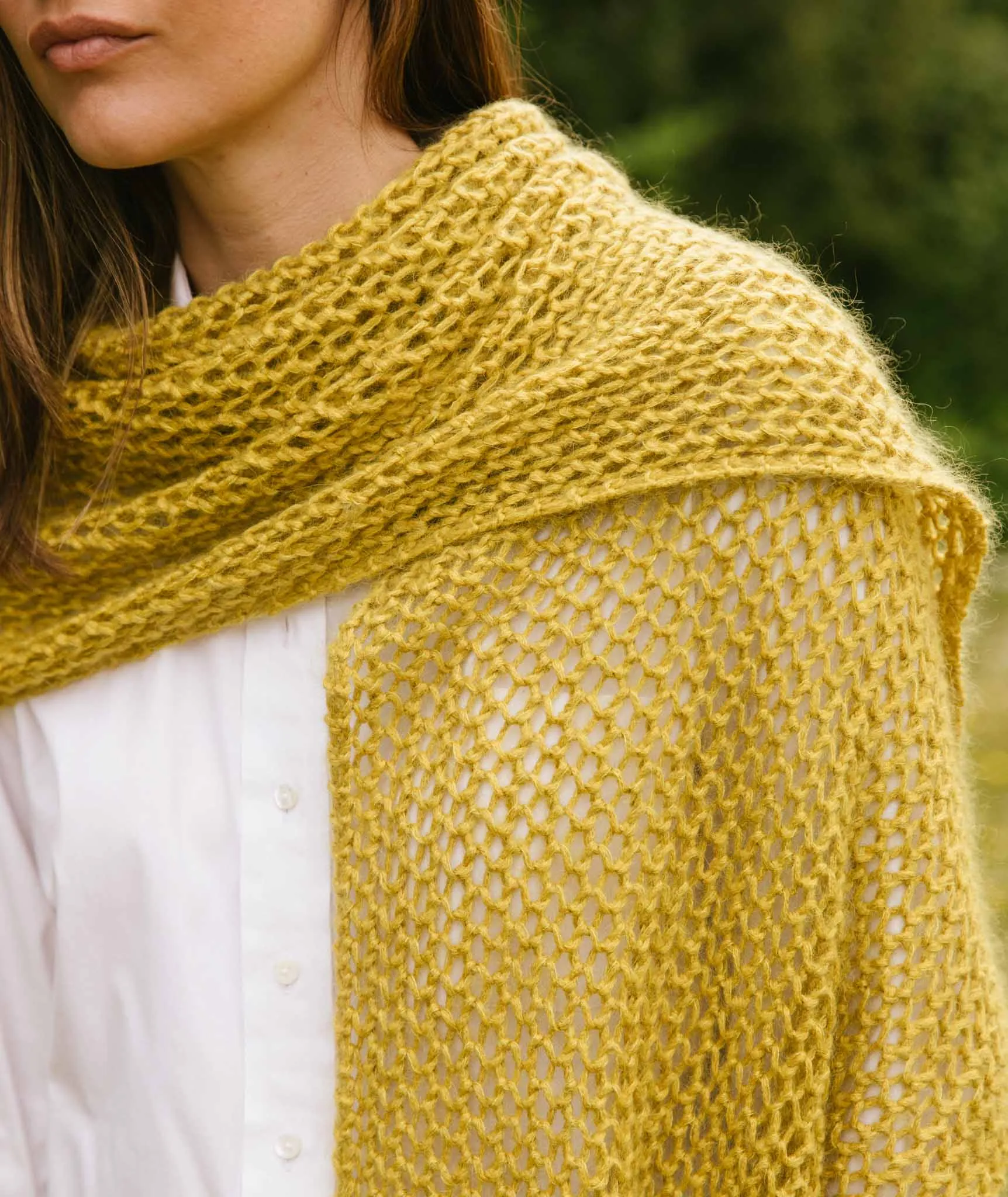 Easy Eyelet Wrap Using Rowan Kidsilk Haze and Softyak DK