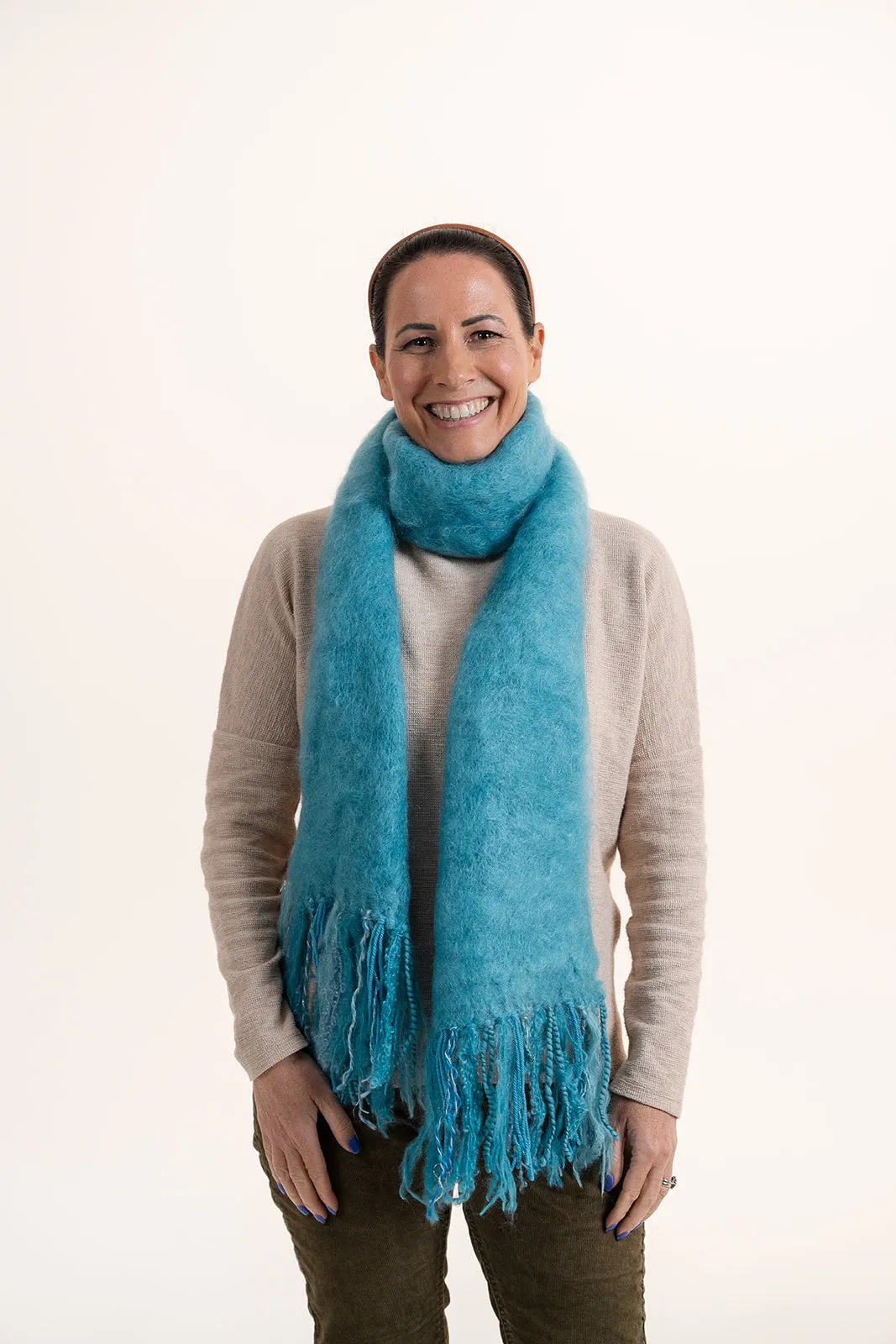 Fluffy Mohair Scarf with Shaggy Tassels - Turquoise