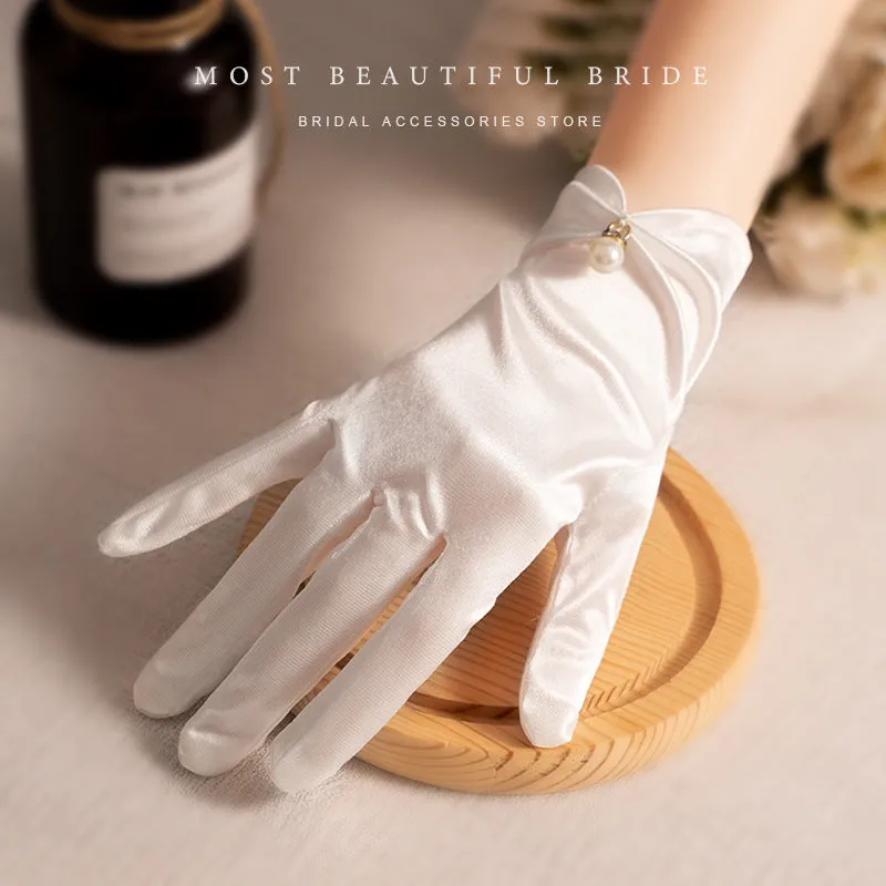 French Hepburn Style Short Pearl Satin Bridal Gloves