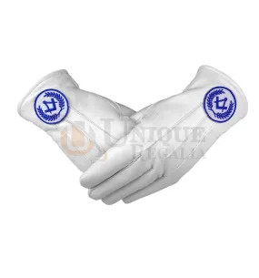 Masonic Regalia White Soft Leather Gloves Square Compass Yellow/Blue