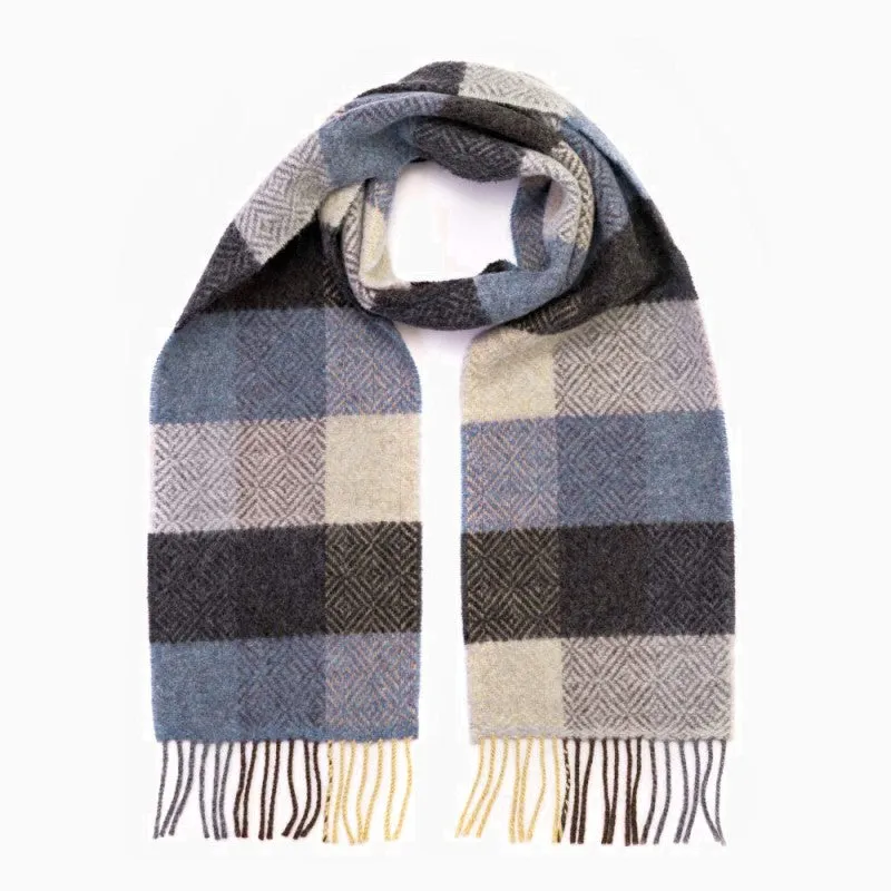 Merino and Cashmere Scarf - Silver, Denim and Charcoal Diamond Check - John Hanly