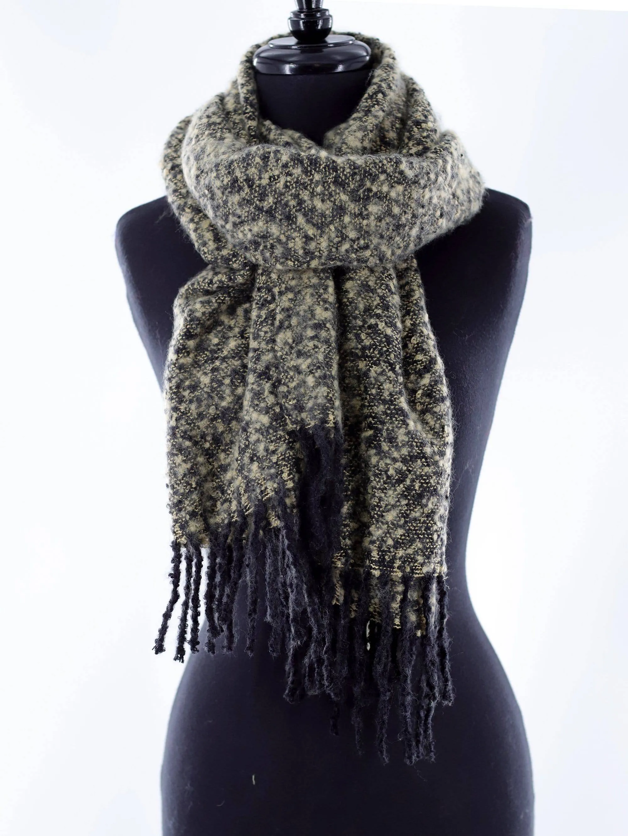 Muffler Scarf Plush with Fringe - Black/Ivory