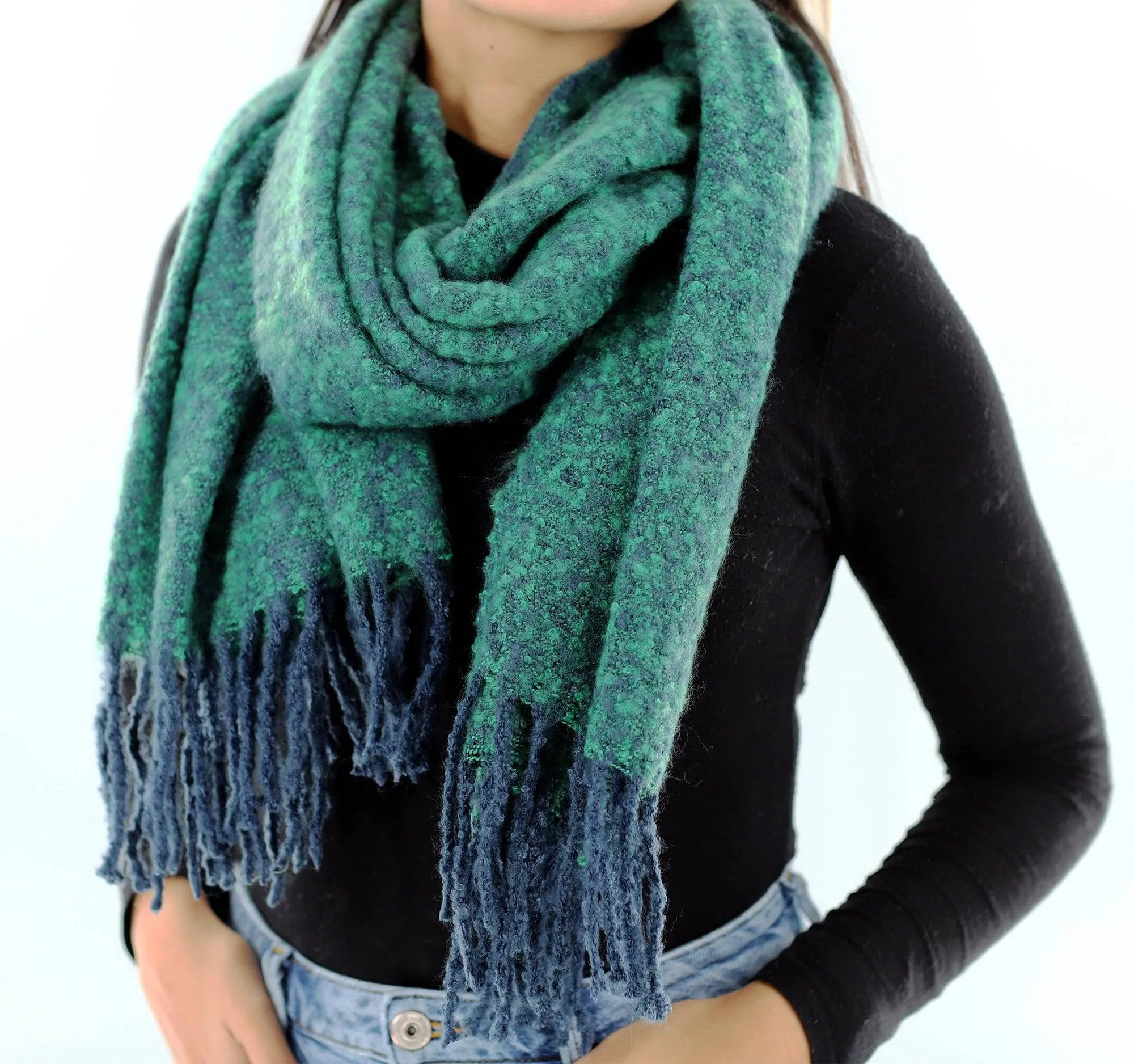 Muffler Scarf Plush with Fringe - Blue/Green