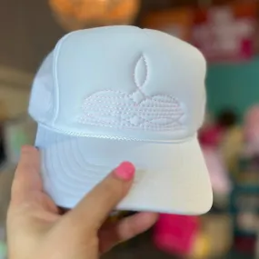 Online Exclusive | Baby Pink Boot Stitch Foam Trucker Cap in White