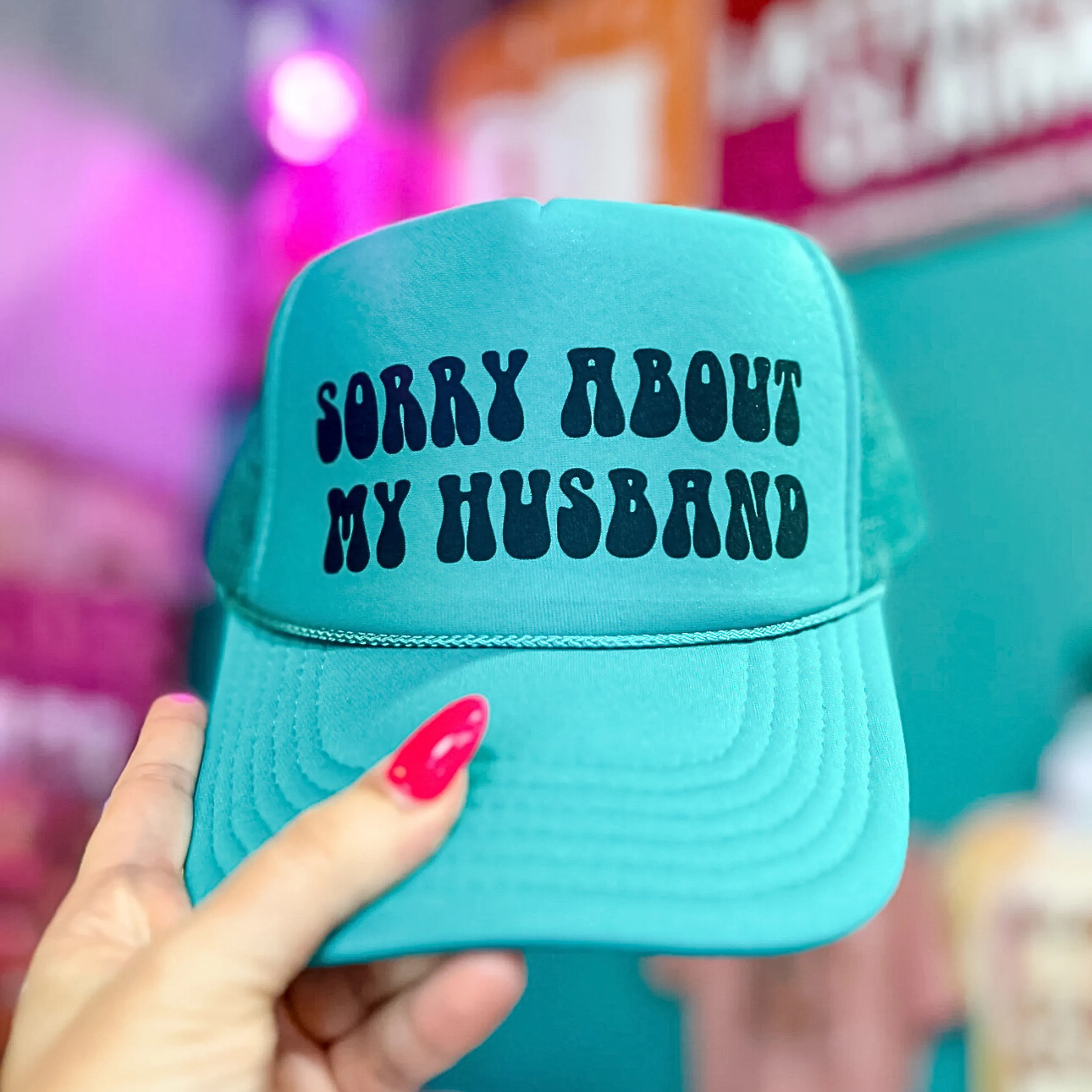 Online Exclusive | Sorry About My Husband Foam Trucker Cap in Jade Blue