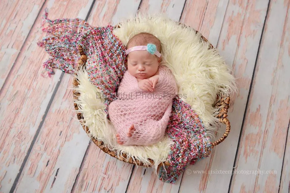 SET Pink Mohair Knit Baby Wrap and Tiny Pearls Headband