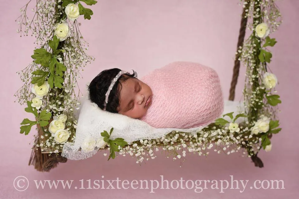 SET Pink Mohair Knit Baby Wrap and Tiny Pearls Headband