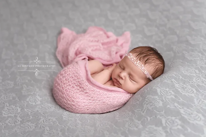 SET Pink Mohair Knit Baby Wrap and Tiny Pearls Headband