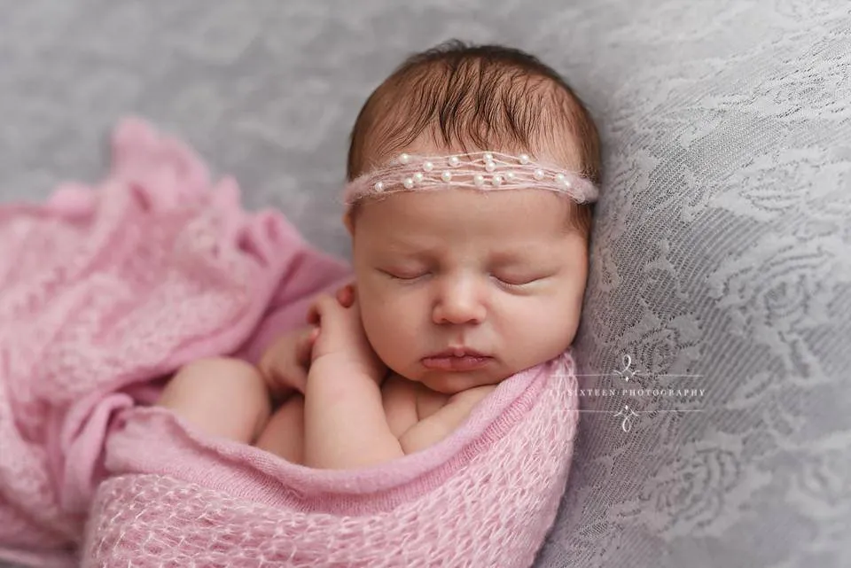 SET Pink Mohair Knit Baby Wrap and Tiny Pearls Headband