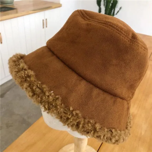 Warm Women Bucket Hat Winter Suede Artificial Fur Thick Warm Plush Cap