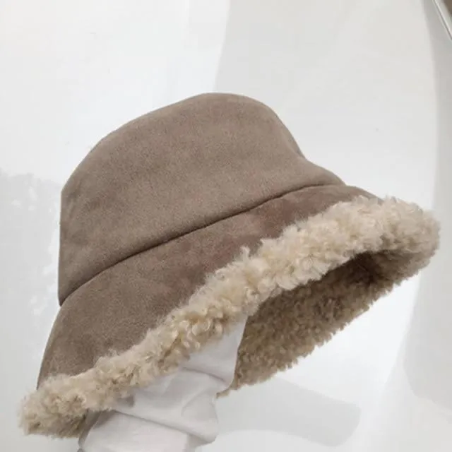 Warm Women Bucket Hat Winter Suede Artificial Fur Thick Warm Plush Cap