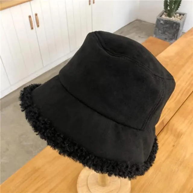 Warm Women Bucket Hat Winter Suede Artificial Fur Thick Warm Plush Cap