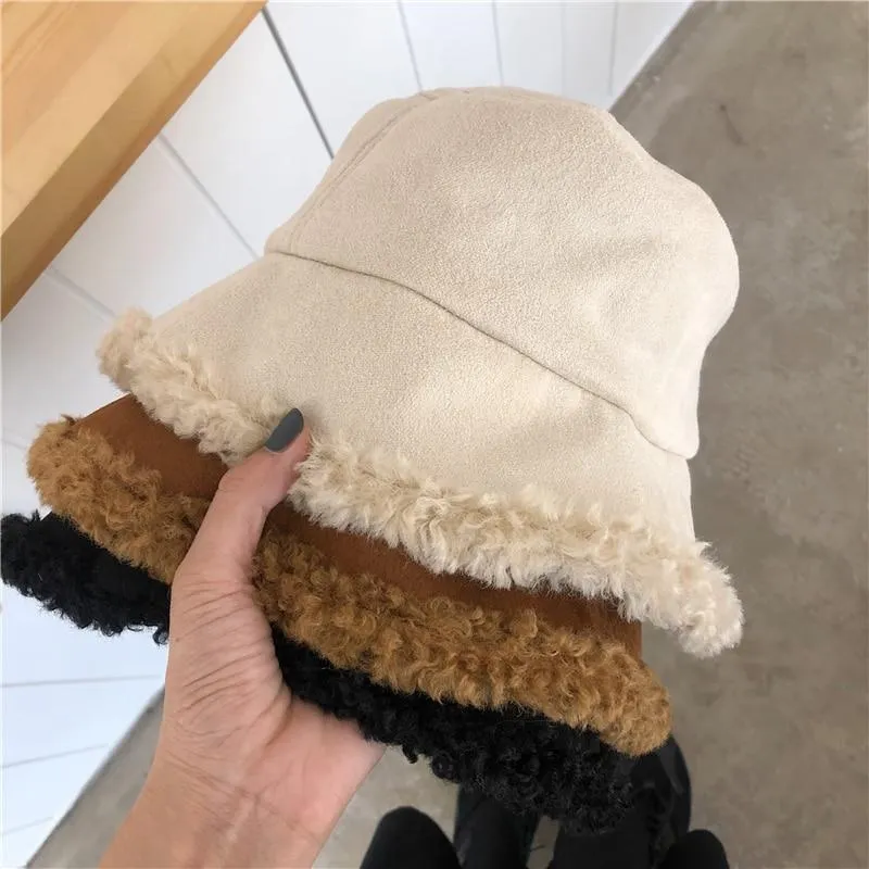 Warm Women Bucket Hat Winter Suede Artificial Fur Thick Warm Plush Cap