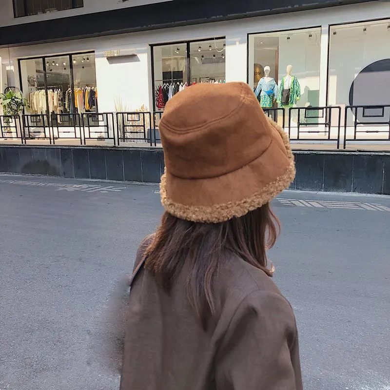 Warm Women Bucket Hat Winter Suede Artificial Fur Thick Warm Plush Cap